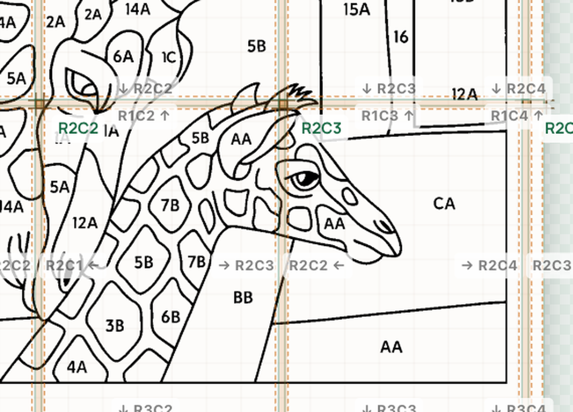 Close-up of an AI-converted giraffe quilting stencil with numbered piecing sections and dashed page match lines