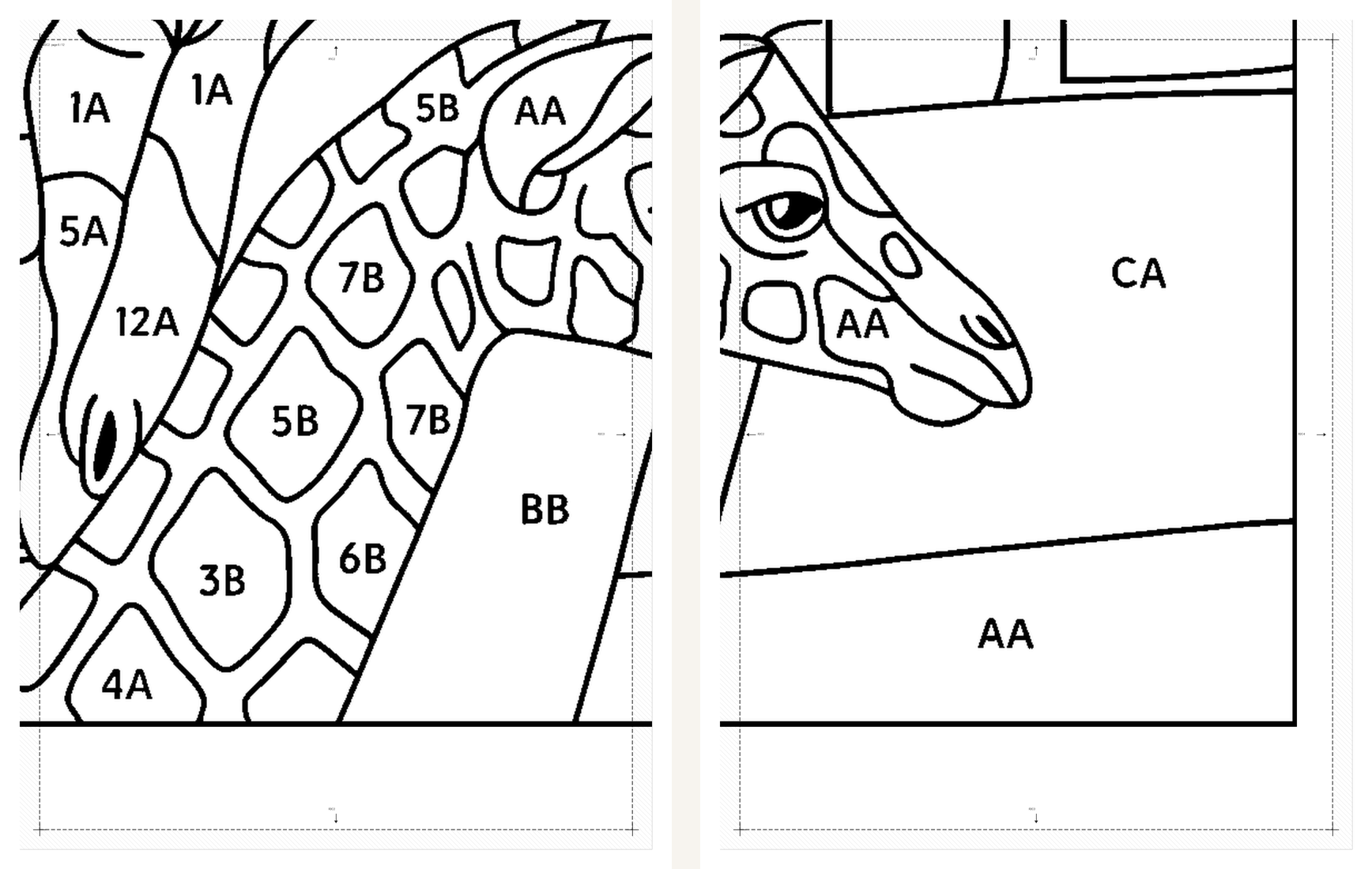 Two adjacent print-ready stencil pages showing duplicated overlap zones, dashed match lines and registration crosshairs